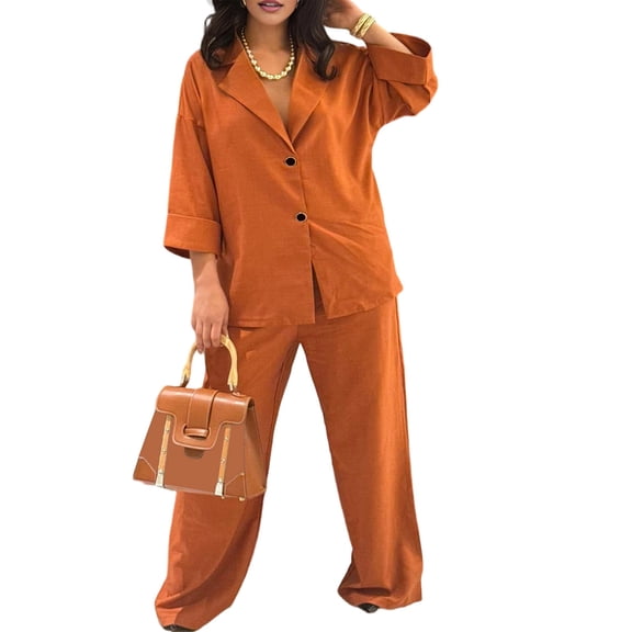 Casual Blazer Pants Suits for Women Dressy Oversized Long Sleeve Blazer and Wide Leg Pants 2 Piece Outfits Orange M