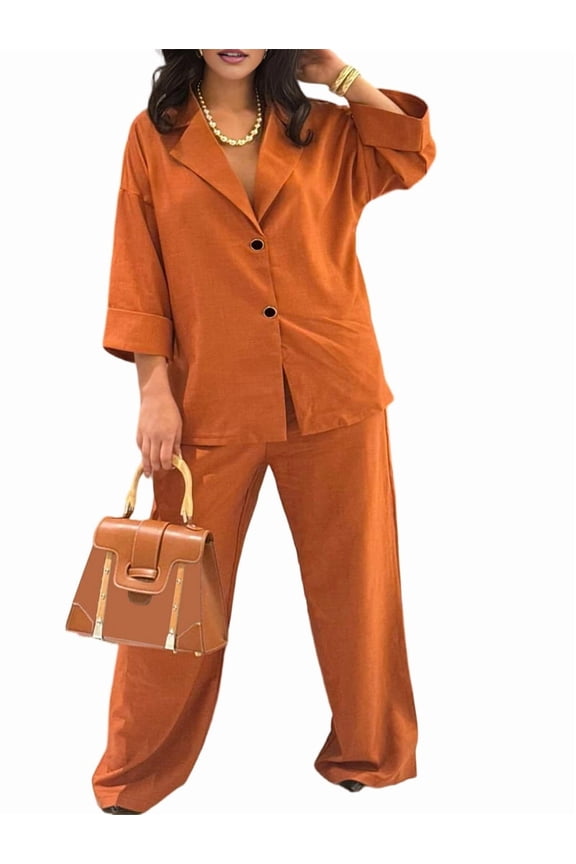 Casual Blazer Pants Suits for Women Dressy Oversized Long Sleeve Blazer and Wide Leg Pants 2 Piece Outfits Orange S