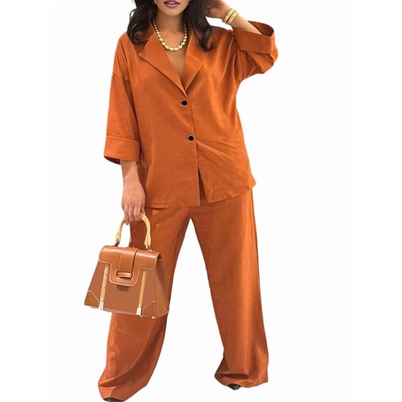 Casual Blazer Pants Suits for Women Dressy Oversized Long Sleeve Blazer and Wide Leg Pants 2 Piece Outfits Orange S