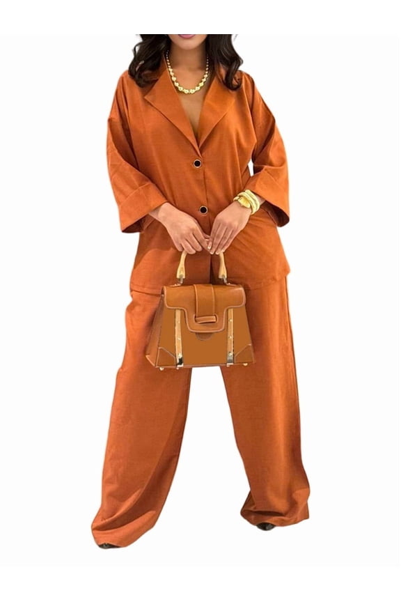 Casual Blazer Pants Suits for Women Dressy Oversized Long Sleeve Blazer and Wide Leg Pants 2 Piece Outfits Orange XXL