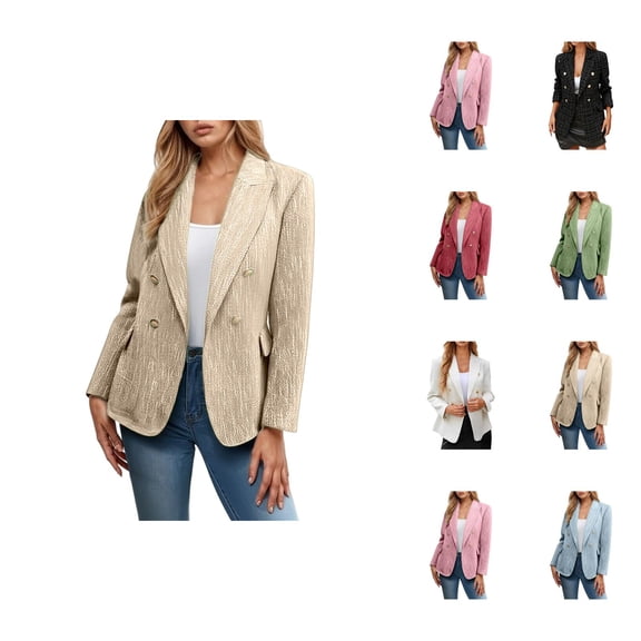 Casual Blazers for Women 2025 Long Sleeve Tweed Notch Lapel Collar Double Business Casual Work Office Jacket