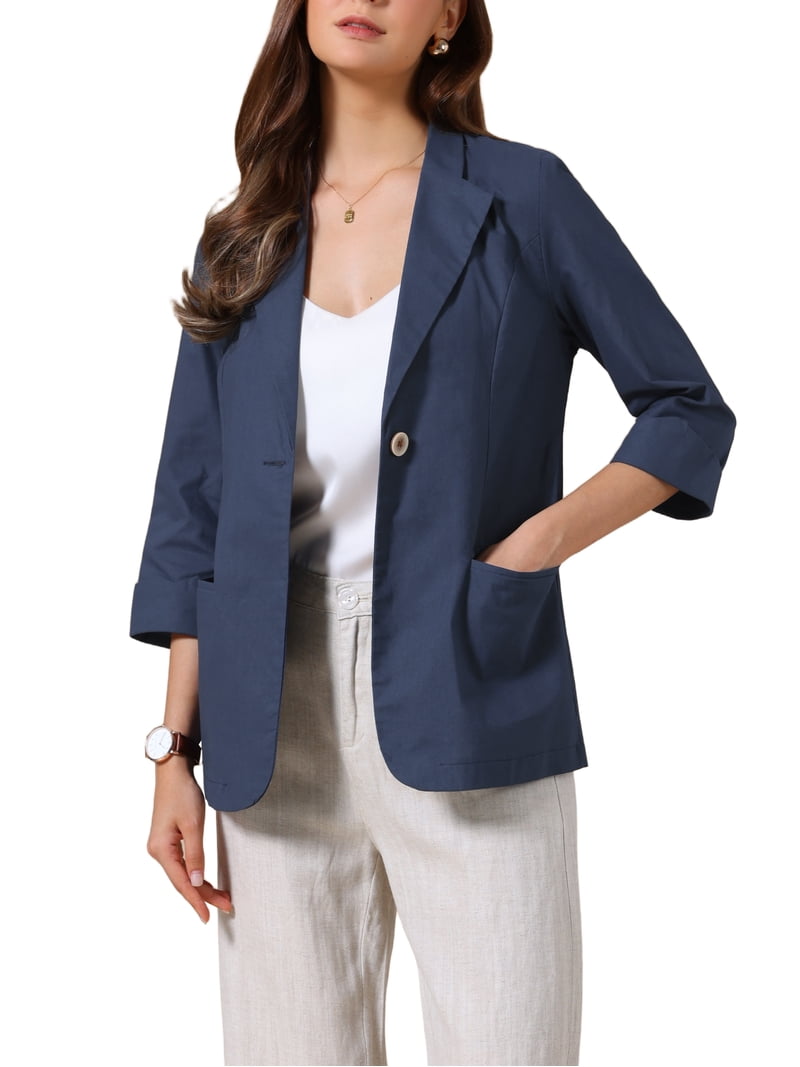 INSPIRE CHIC Casual Blazers for Women Summer 3/4 Sleeve Lightweight Cotton Linen Suit Jacket Blazer M Navy Blue, Women's, Size: Medium