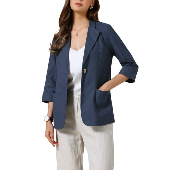 Casual Blazers for Women Summer 3/4 Sleeve Lightweight Cotton Linen Suit Jacket Blazer M Navy Blue