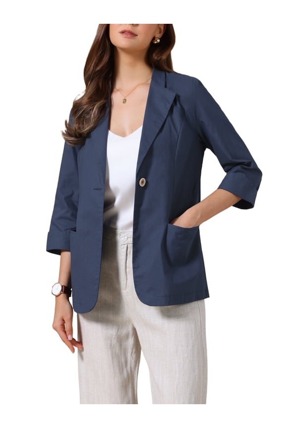 Casual Blazers for Women Summer 3/4 Sleeve Lightweight Cotton Linen Suit Jacket Blazer XL Navy Blue