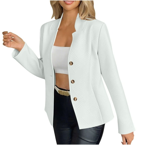 Casual Blazers for Women Trendy Textured Solid Color Fitted Work Office Jacket Notch Collar Business Dressy Coat (M, White)