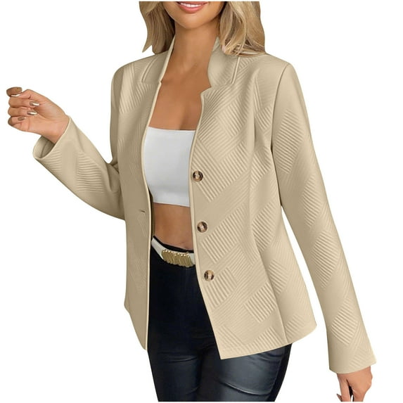 Casual Blazers for Women Trendy Textured Solid Color Fitted Work Office Jacket Notch Collar Business Dressy Coat (XL, Khaki)