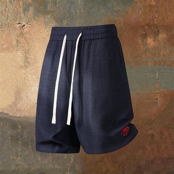 Casual Blend Shorts Elastic Waist Breathable Summer Pockets Embroidered Five Inch Short PantsNavyM