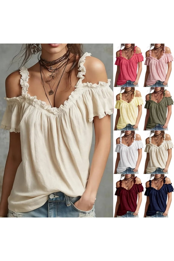 Casual Blouse For Women Cold Shoulder Off Shoulder Short Sleeve 2026 Summer Trendy Ruffle Open Shoulder Tops Khaki L