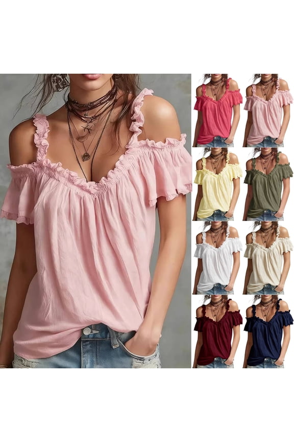 Casual Blouse For Women Cold Shoulder Off Shoulder Short Sleeve 2026 Summer Trendy Ruffle Open Shoulder Tops Pink 2XL