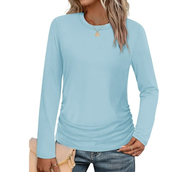 Casual Blouses for Women Trendy New Womens Long Sleeve Pullover Tops Crewneck Ruched Shirts Business Casual Blouses Fall Fashion Clothes Light Blue XL