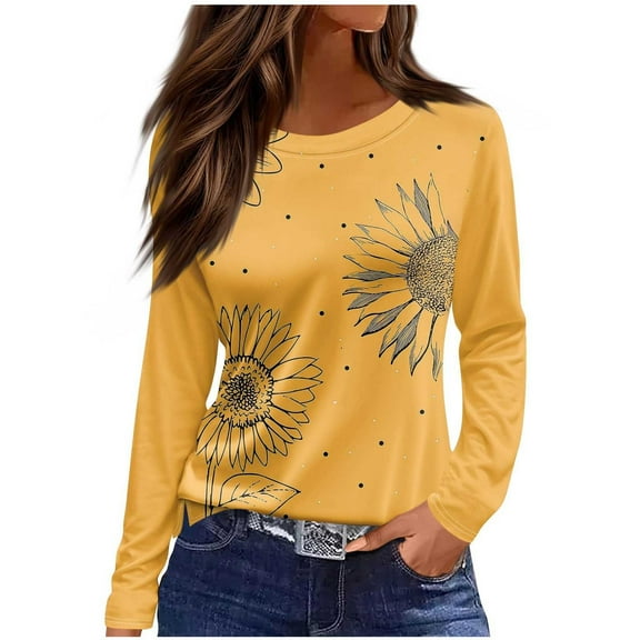 Casual Blouses for Women Lightweight Floral Printed Office Work Tunics Crewneck Long Sleeve Elegant Womens Tops