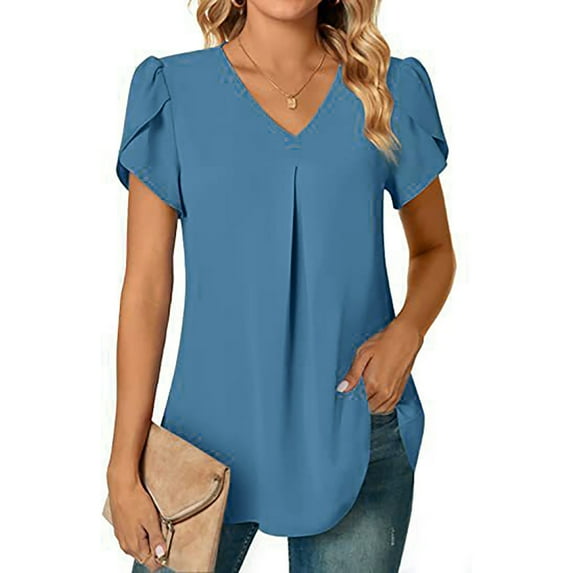 Casual Blouses for Women Solid Color Sleeve Tops V Neck Short Sleeve T Shirt Cute Summer Loose Blouses Tops