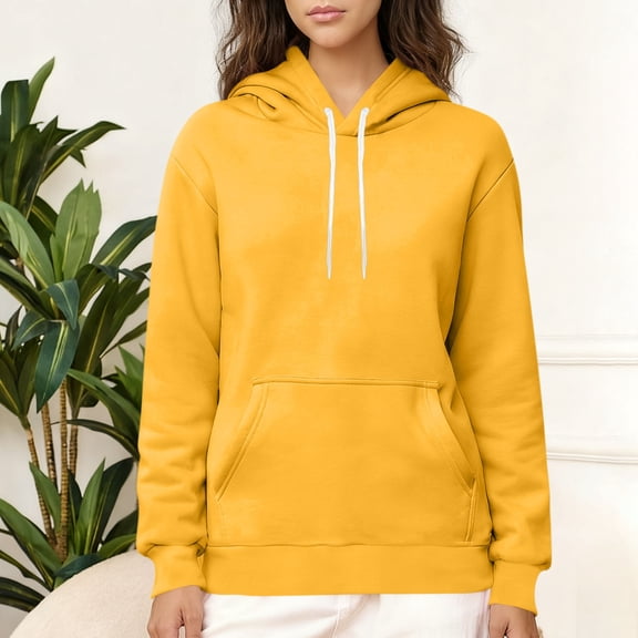 Casual Blouses for Women Trendy New Fashion Women's Casual Solid Long Sleeve Hooded Sweatshirt Drawing Pocket Tops Blouse Style B-22 Yellow M