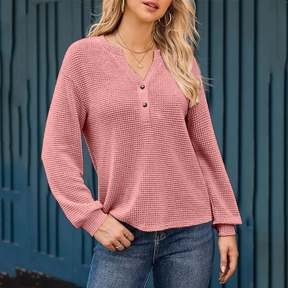 Casual Blouses for Women Trendy New Long Sleeve Shirts for Women V Neck Button up Pullover Trendy Oversized Tshirts Fall Casual Tunic Tops Pinky L