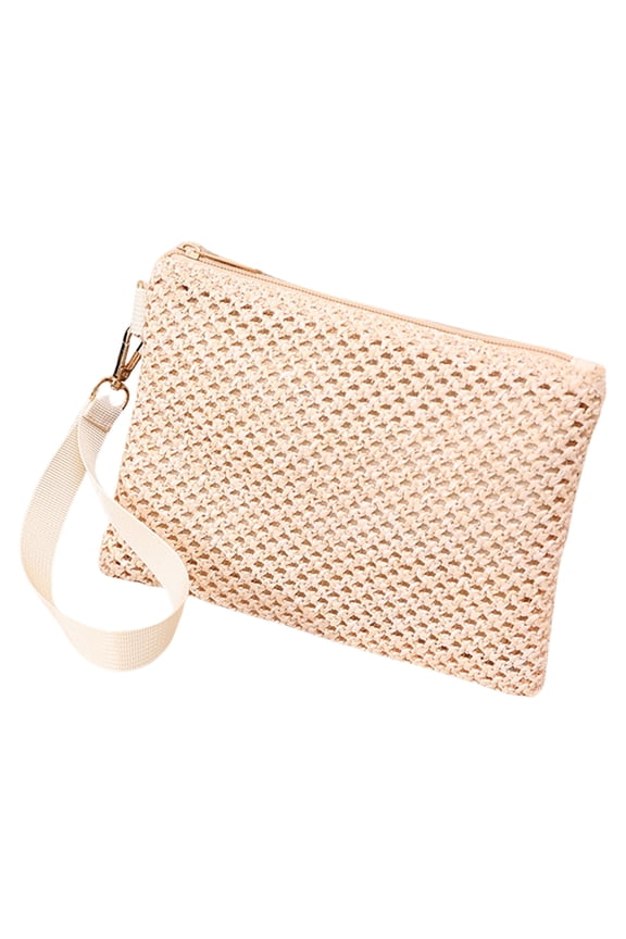Casual Bohemian Straw Wristlet Envelope Bag for Women Solid Color Beach Vacation Zippered Purse Small Handbag Wallet