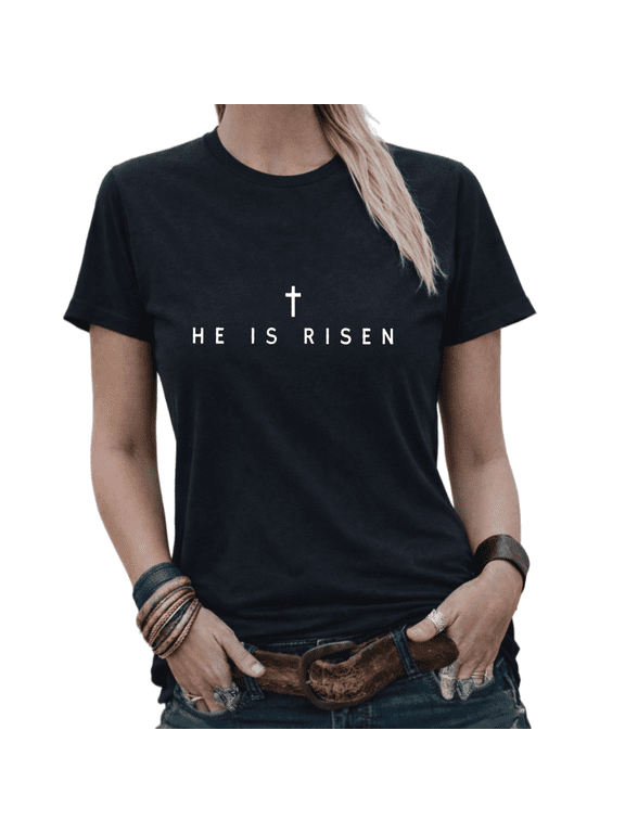 Casual Boho He Is Risen Cross Christian Easter Graphic Tees Womans Tshirt Black S-5XL Tops