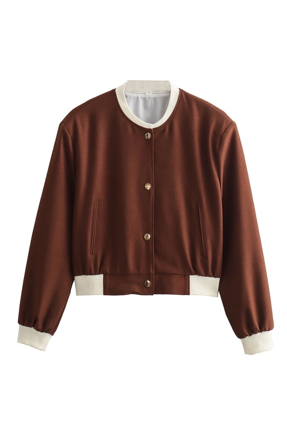 Casual Bomber Jacket Women Lightweight Varsity Style Snap Button Short Coat with Ribbed Collar and Streetwear Women Brown L