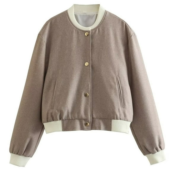 Casual Bomber Jacket Women Lightweight Varsity Style Snap Button Short Coat with Ribbed Collar and Streetwear Women Khaki L