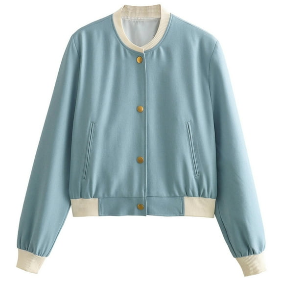 Casual Bomber Jacket Women Lightweight Varsity Style Snap Button Short Coat with Ribbed Collar and Streetwear Women Light Blue S