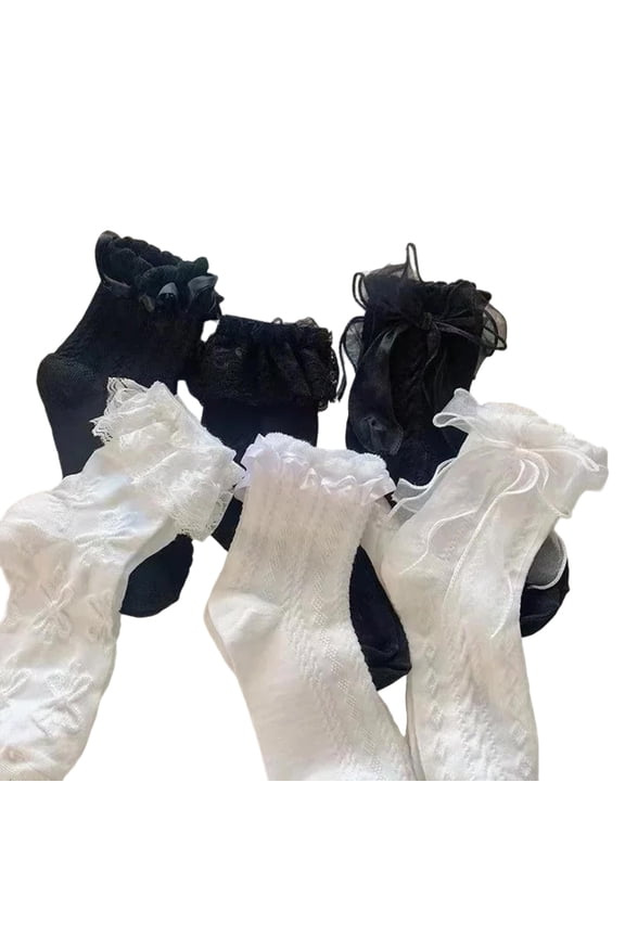Casual Bowknot Decorated Ankle Socks 6 Pairs Set Lightweight Lace Trim Middle Calf Socks for Girls Daily Wear