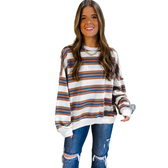 Casual Brown Stripe Crew Neck Drop Shoulder Pullover Sweatshirt for Women | [ZhiHiMeRi] | L