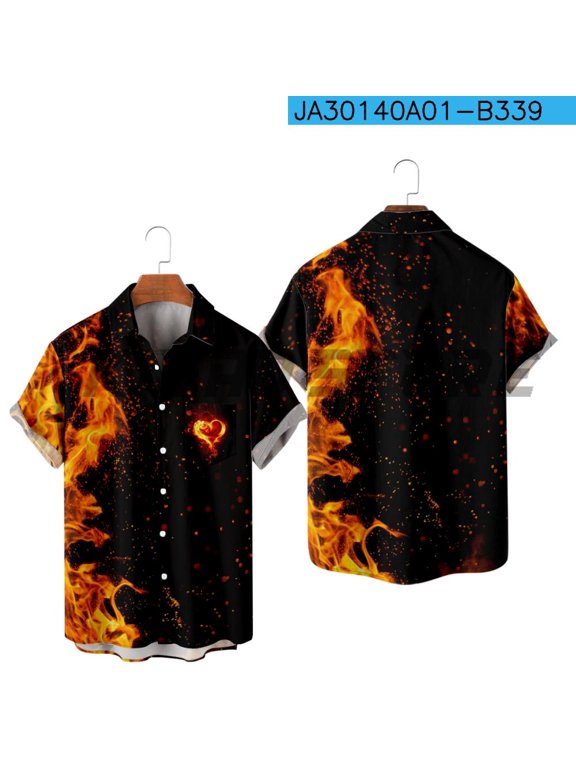 Casual Button Down Shirts For Men Flame Style Harajuku Color Block Turndown Outdoor Street Short Sleeve Shirt