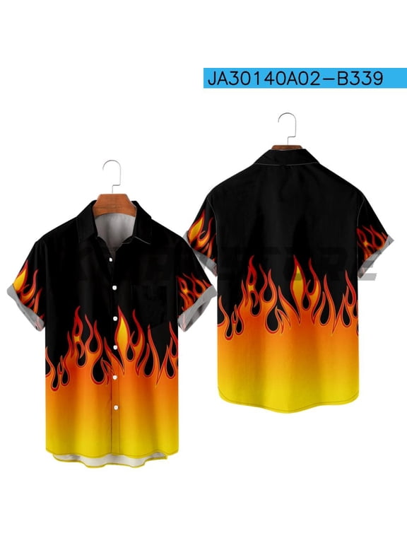 Casual Button Down Shirts For Men Flame Style Harajuku Color Block Turndown Outdoor Street Short Sleeve Shirt
