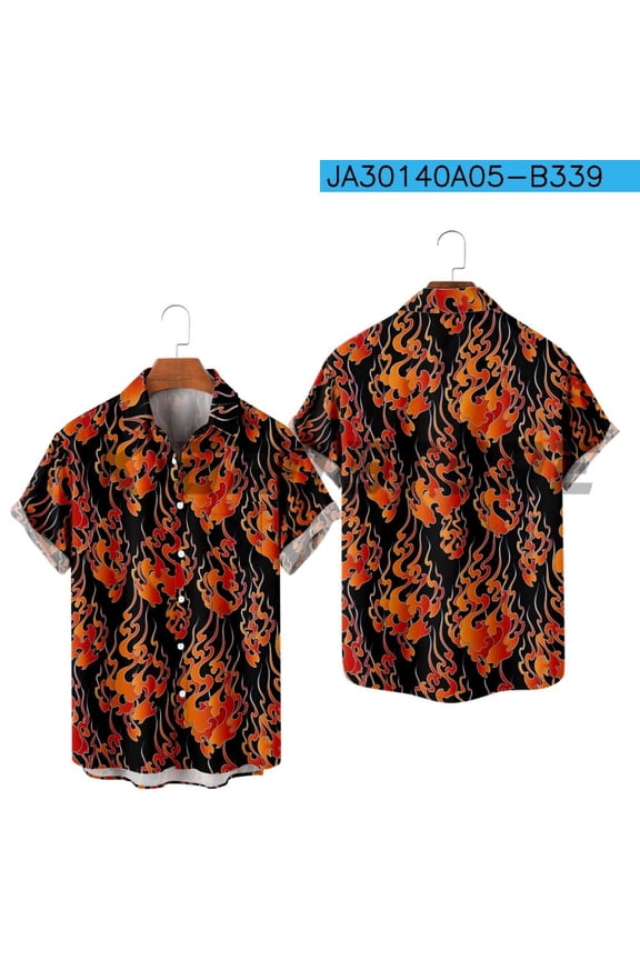 Casual Button Down Shirts For Men Flame Style Harajuku Color Block Turndown Outdoor Street Short Sleeve Shirt