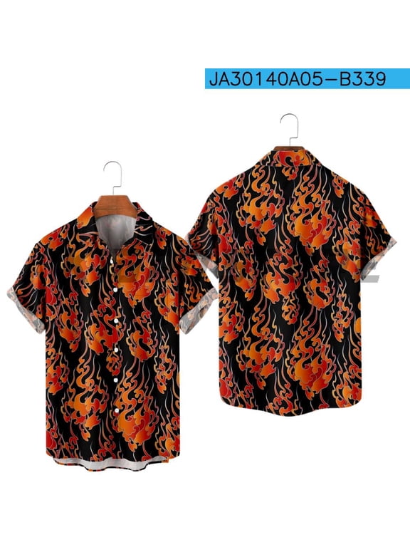 Casual Button Down Shirts For Men Flame Style Harajuku Color Block Turndown Outdoor Street Short Sleeve Shirt