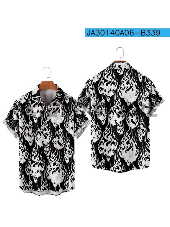 Casual Button Down Shirts For Men Flame Style Harajuku Color Block Turndown Outdoor Street Short Sleeve Shirt