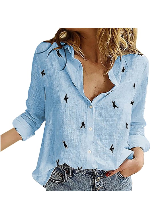 Casual Button Down Shirts for Petite Women Girl Summer Thin Long Sleeve V-Neck Work Blouse Pattern Tops Office Wear