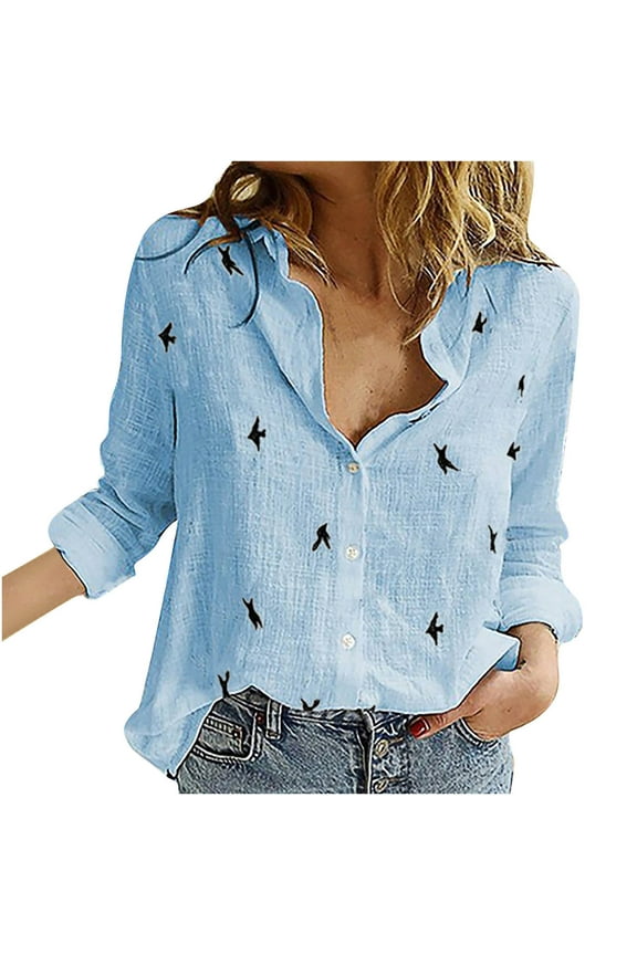 Casual Button Down Shirts for Petite Women Girl Summer Thin Long Sleeve V-Neck Work Blouse Pattern Tops Office Wear