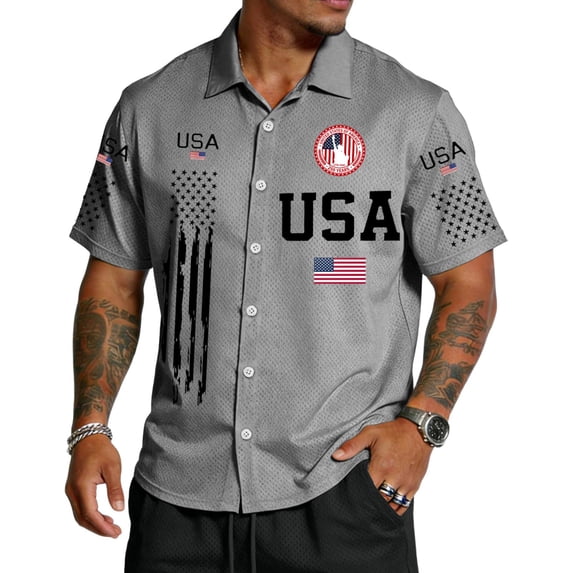 Casual Button Up Shirts for Men American Flag Printed Short Sleeve 4th Of July Hawaiian Shirts 250 Years Of Freedom 1776-2026 Patriotic Tops for Memorial Day Independence Day Holiday Shirts,Gray M