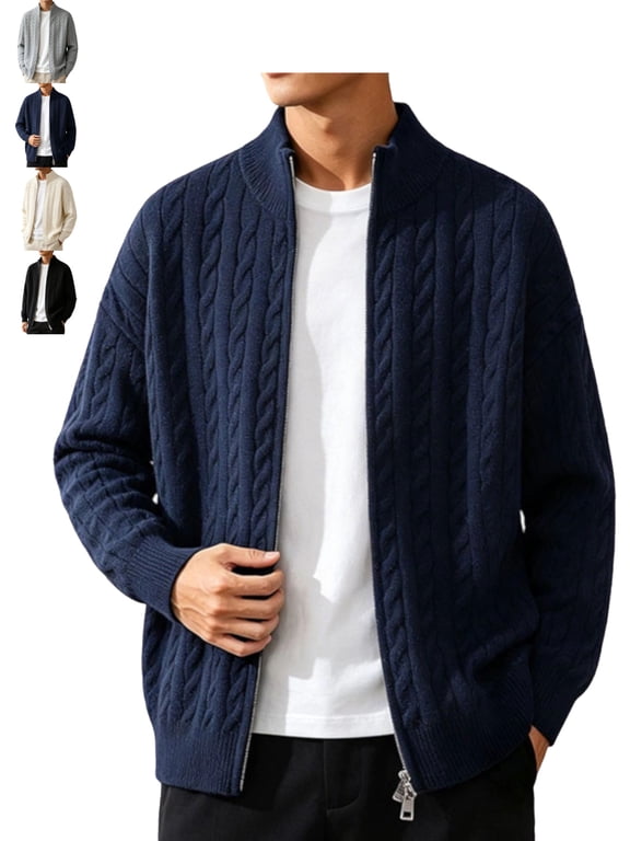 Casual Cable Knit Cardigans for Men Zip Up Mock Neck Long Sleeve Outdoor Jacket