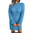thumbnail image 1 of Casual Cable Knit Sweater Dress with Tie-Waist for Female, Autumn Winter Bodycon Tight Long Sleeve Tunic Blue L, 1 of 10