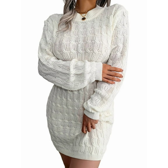 Casual Cable Knit Sweater Dress with Tie-Waist for Female, Autumn Winter Bodycon Tight Long Sleeve Tunic White L
