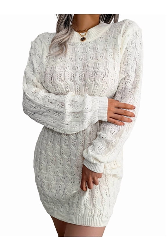 Casual Cable Knit Sweater Dress with Tie-Waist for Female, Autumn Winter Bodycon Tight Long Sleeve Tunic White M