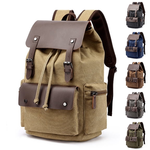 Casual Canvas Backpack Men's Business Laptop Bag With Buckle Drawstring Design,Coffee