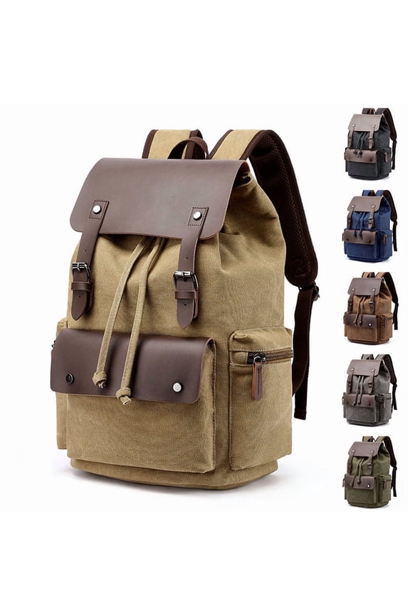 Casual Canvas Backpack Men's Business Laptop Bag With Buckle Drawstring Design,Coffee
