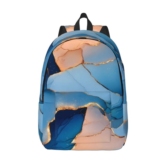 Casual Canvas Backpack Without Interlayer Large Capacity Stick Bag Design For Outdoor Shopping Office Outdoor Sports Blue And Beige Gold Marble Medium