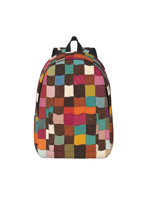 Casual Canvas Backpack Without Interlayer Large Capacity Stick Bag Design For Outdoor Shopping Office Outdoor Sports Saddlebrown Colorful Houndstooth Hand-Drawn Sketch_4 Small