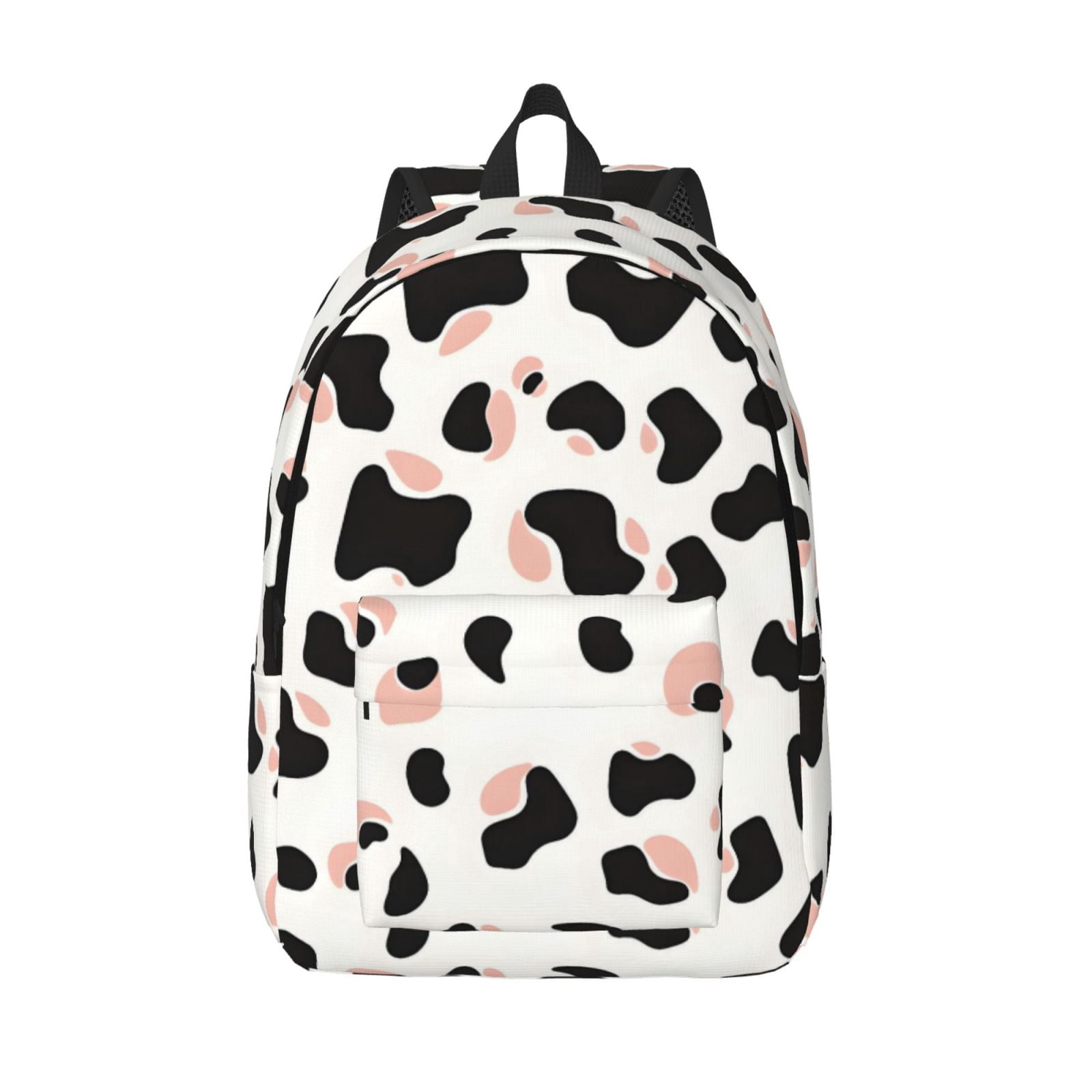 Casual Canvas Backpack Without Interlayer Large Capacity Stick Bag Design For Outdoor Shopping Office Outdoor Sports Simple Cow Print Pattern White Background, Pink And White_2 Medium