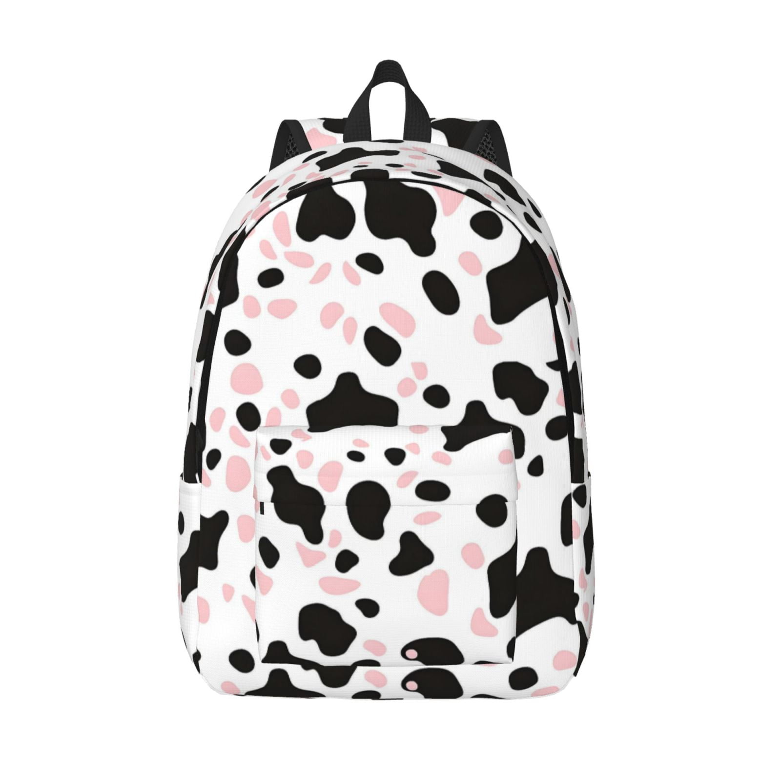 Casual Canvas Backpack Without Interlayer Large Capacity Stick Bag Design For Outdoor Shopping Office Outdoor Sports Simple Cow Print Pattern White Background, Pink And White_1 Medium