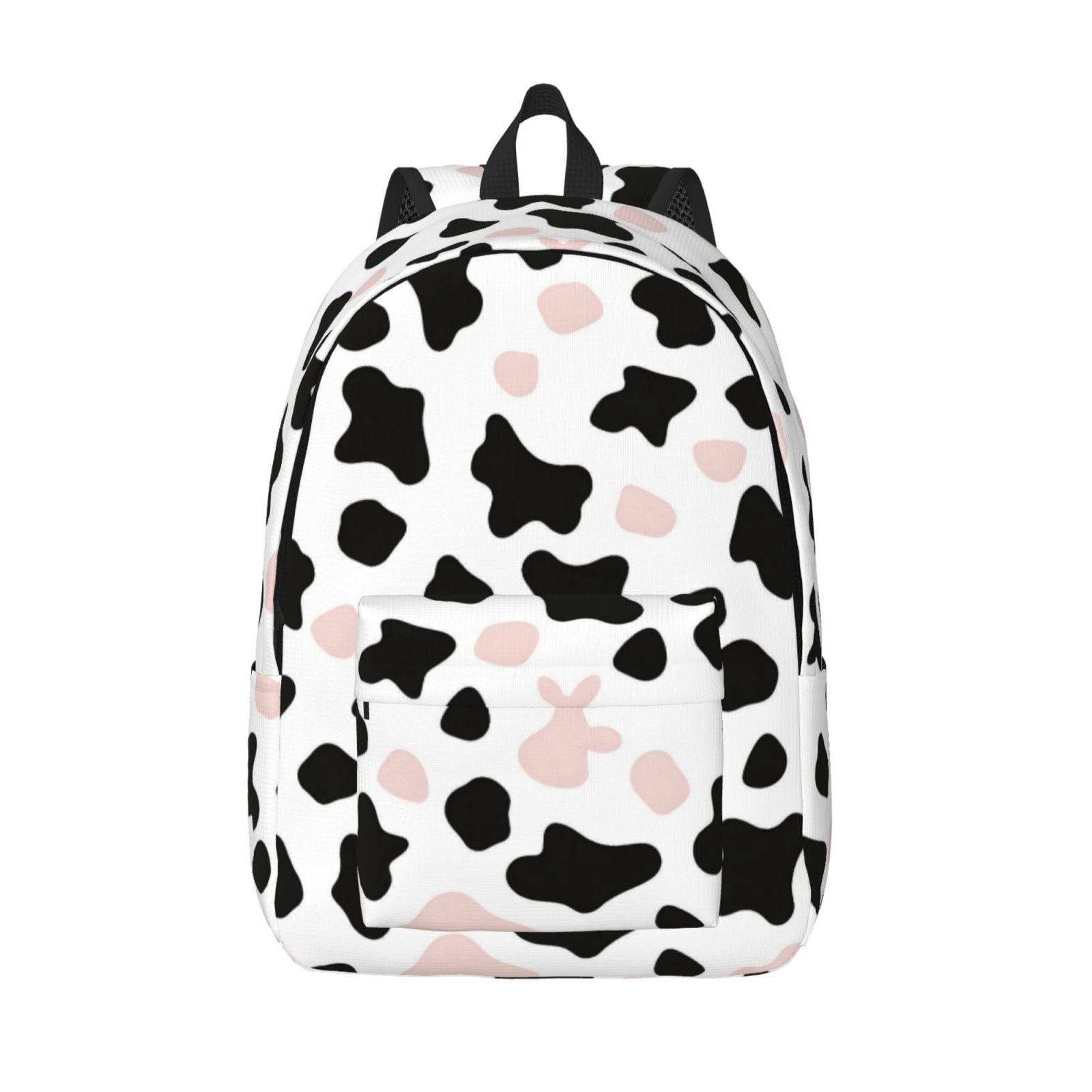 Casual Canvas Backpack Without Interlayer Large Capacity Stick Bag Design For Outdoor Shopping Office Outdoor Sports Simple Cow Print Pattern White Background, Pink And White_3 Medium