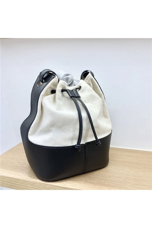 Casual Canvas Bucket Bag for Women Designer Drawstring Handbags Luxury Pu Leather Patchwork Shoulder Crossbody Bags Large Totes