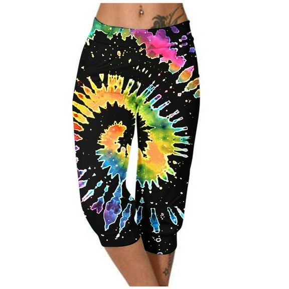 Casual Capri Pants Women Summer Athletic Tie Dye Print Elastic Waist Sweatpants with Pocket Joggers Fashion Bottoms, Black, XXXL