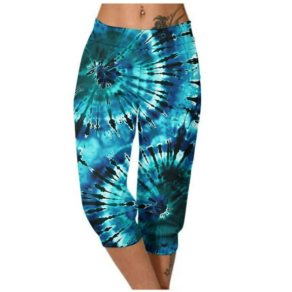 Casual Capri Pants Women Summer Athletic Tie Dye Print Elastic Waist Sweatpants with Pocket Joggers Fashion Bottoms, Blue, XL