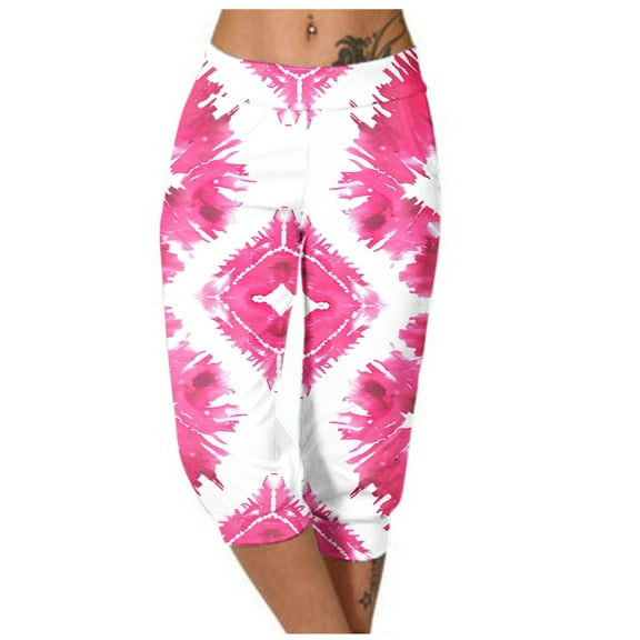 Casual Capri Pants Women Summer Athletic Tie Dye Print Elastic Waist Sweatpants with Pocket Joggers Fashion Bottoms, Hot Pink, L