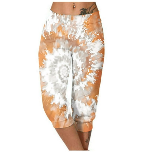 Casual Capri Pants Women Summer Athletic Tie Dye Print Elastic Waist Sweatpants with Pocket Joggers Fashion Bottoms, Khaki, S