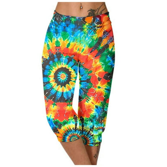 Casual Capri Pants Women Summer Athletic Tie Dye Print Elastic Waist Sweatpants with Pocket Joggers Fashion Bottoms, Multicolor, L